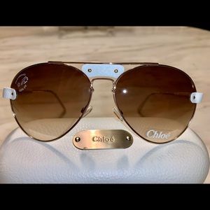Chloé Leather Trim Aviator Sunglasses